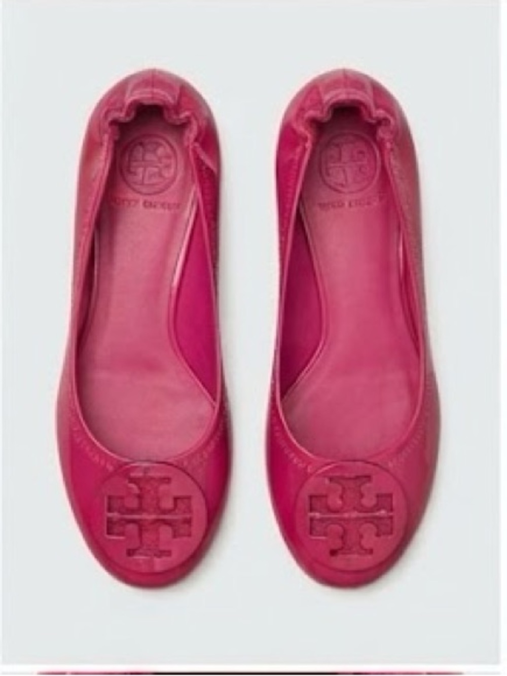 Tory Burch Magenta Pink Glossy Patent Leather Logo Ballet Flats Fuchsia